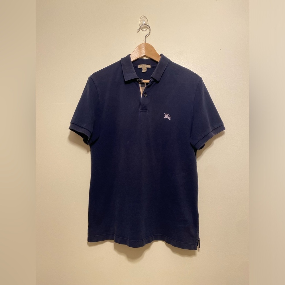 Burberry Cotton Navy Short-Sleeve Polo with Logo Embroidery. Size L